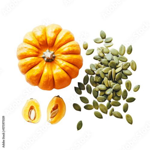 A variety of pumpkin seeds with an orange pumpkin and slices on a transparent background, Pumpkin seeds on transparent background