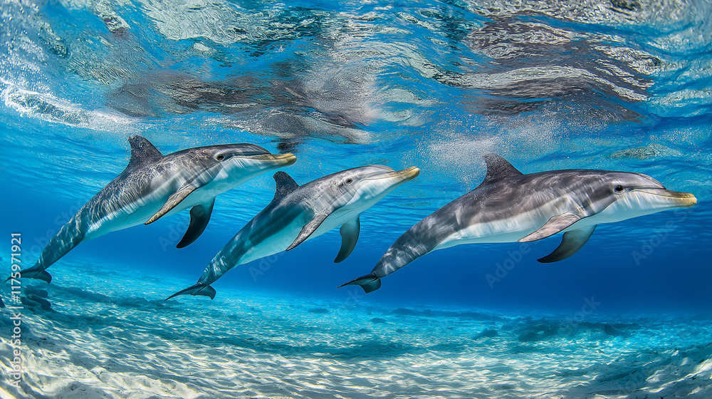 Obraz premium Playful dolphins swimming gracefully in crystal-clear tropical waters.