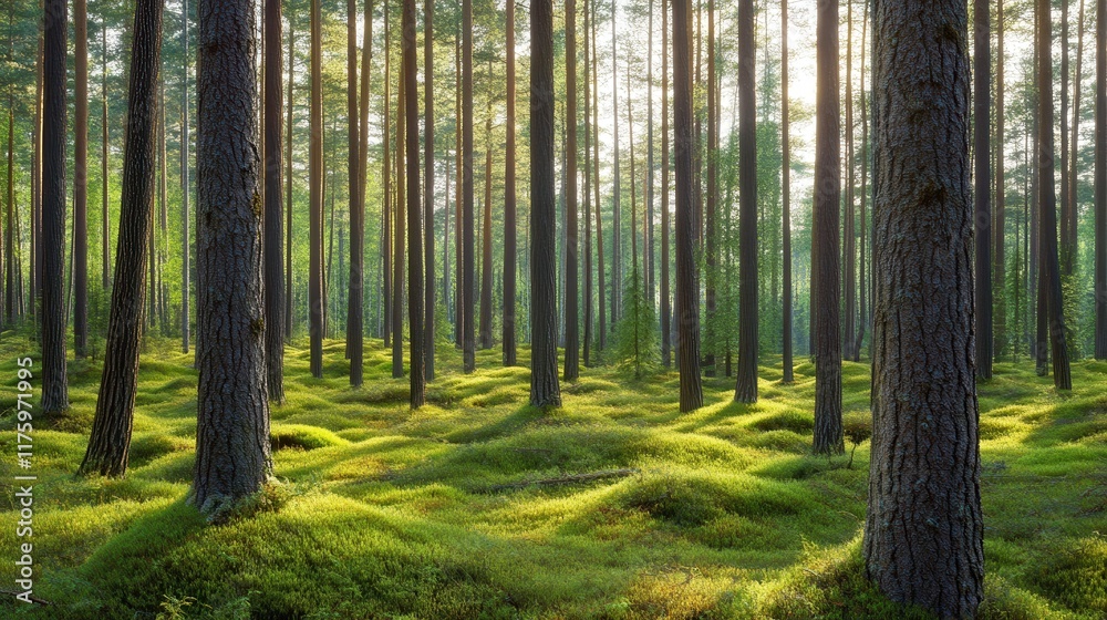 Obraz premium Serene Pine Forest Sunlight Dappled Forest Floor