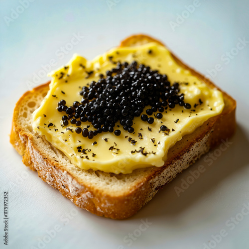 A piece of bread topped with black caviar on a white plate