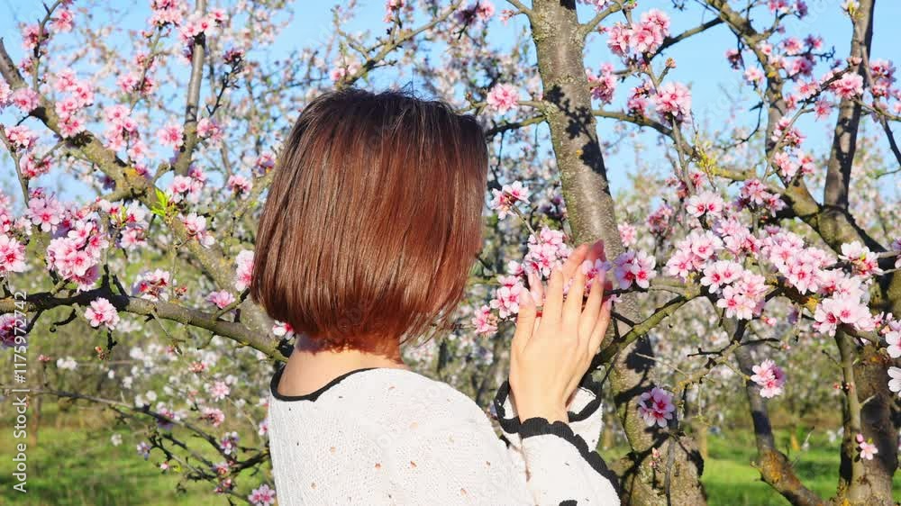 beautiful woman in almond trees orchard. girl with flowers in mouth or blowing petals from palm.female walking on grass, close up of hand touching pink flowers.smiling woman kissed by sun rays. beautiful woman in almond trees orchard. girl with flowers in mouth or blowing petals from palm.female walking on grass, close up of hand touching pink flowers.smiling woman kissed by sun rays.
