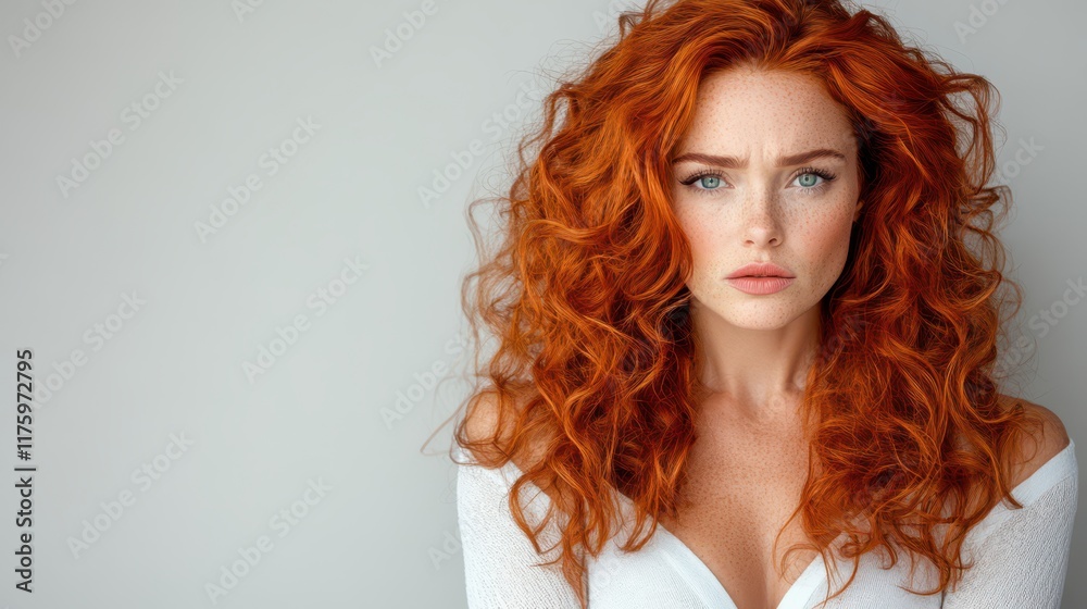An angry woman with long curly red hair expresses frustration in a minimalistic indoor setting during daylight hours An angry woman with long curly red hair expresses frustration in a minimalistic indoor setting during daylight hours