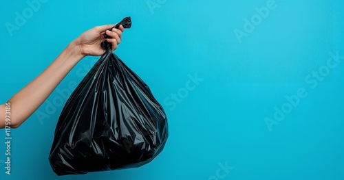 With room for a copy, this close-up shows a woman throwing out a black plastic trash bag against a blue background, Generative AI.