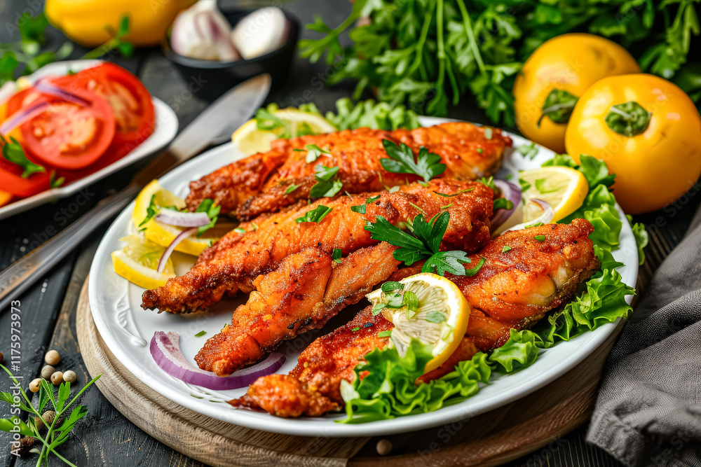 Plate of fish with lemon slices and parsley on top Plate of fish with lemon slices and parsley on top