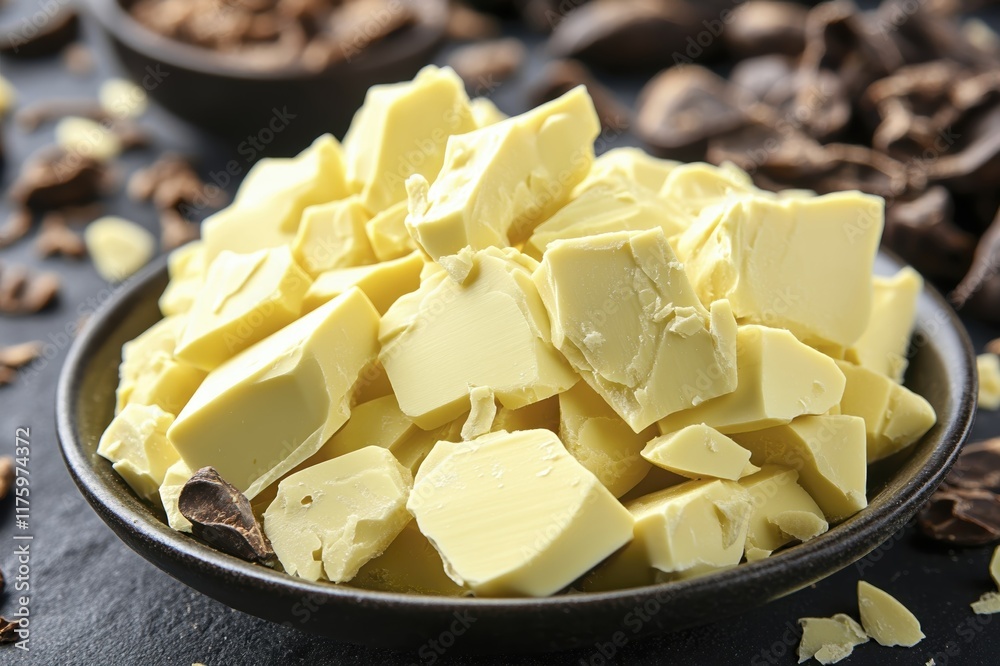 Gourmet white chocolate chunks in rustic bowl with cocoa beans on dark background Gourmet white chocolate chunks in rustic bowl with cocoa beans on dark background