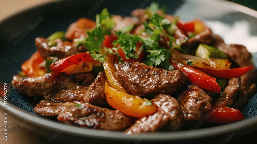 Delicious Beef Stir-Fry with Colorful Peppers and Aromatic Herbs A Culinary Delight. generative ai Delicious Beef Stir-Fry with Colorful Peppers and Aromatic Herbs A Culinary Delight. generative ai