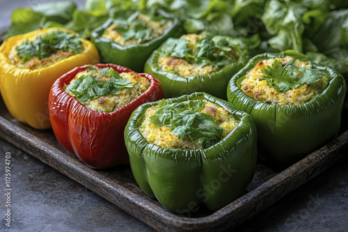 Freshly baked stuffed bell peppers with vibrant colors on rustic tray photo