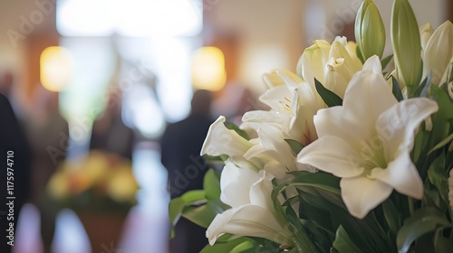 White lilies in full bloom arranged at a funeral service, with blurred mourners in the background, symbolizing peace, remembrance, and sympathy
