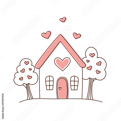 A cute little house for lovers. Illustration of a cozy house with a pink roof, heart-shaped decorations, and trees adorned with hearts. This romantic Valentine-themed illustration is perfect for love