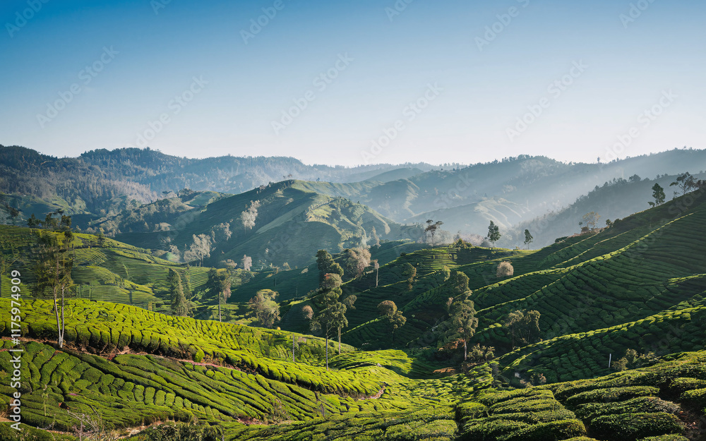 Fototapeta premium Tea Plantations in Munnar, Lush green tea plantation on rolling hills under a clear sky.