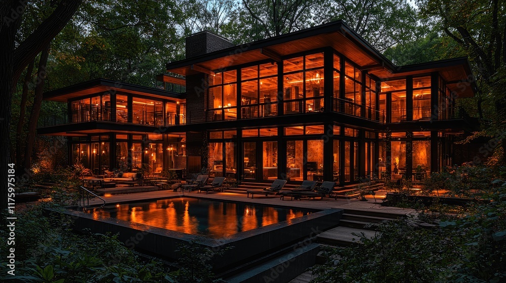 Fototapeta premium Modern Glass House Illuminated At Night In Wooded Setting