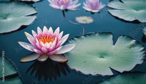 Water lilies bloom in serene pond surrounded by lush green leaves on a calm summer day