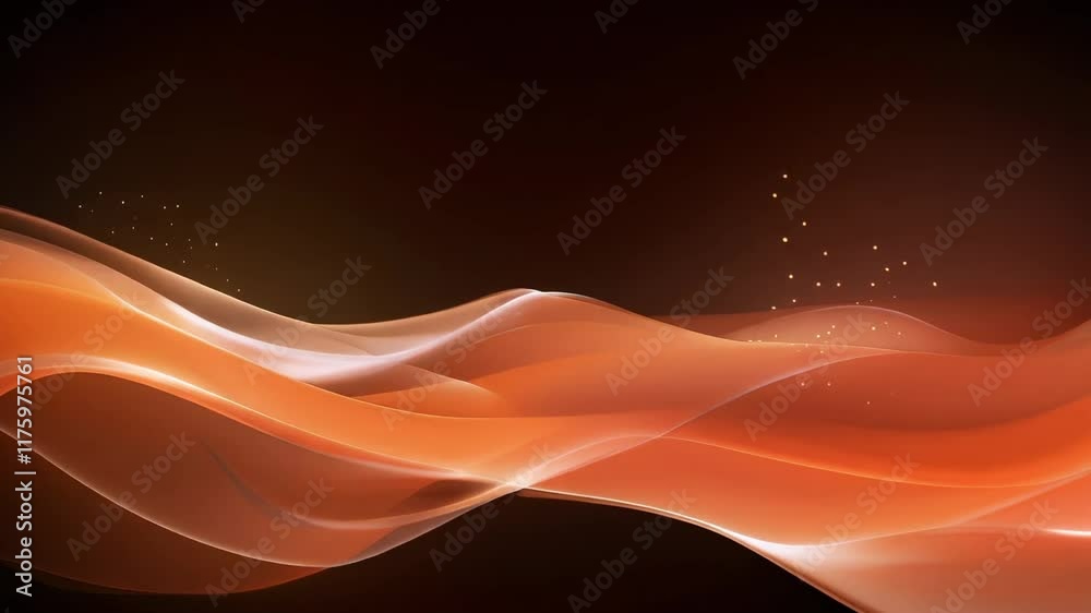 Smooth orange waves are flowing elegantly on a dark background, with sparkling particles adding a touch of magic and brilliance to the scene