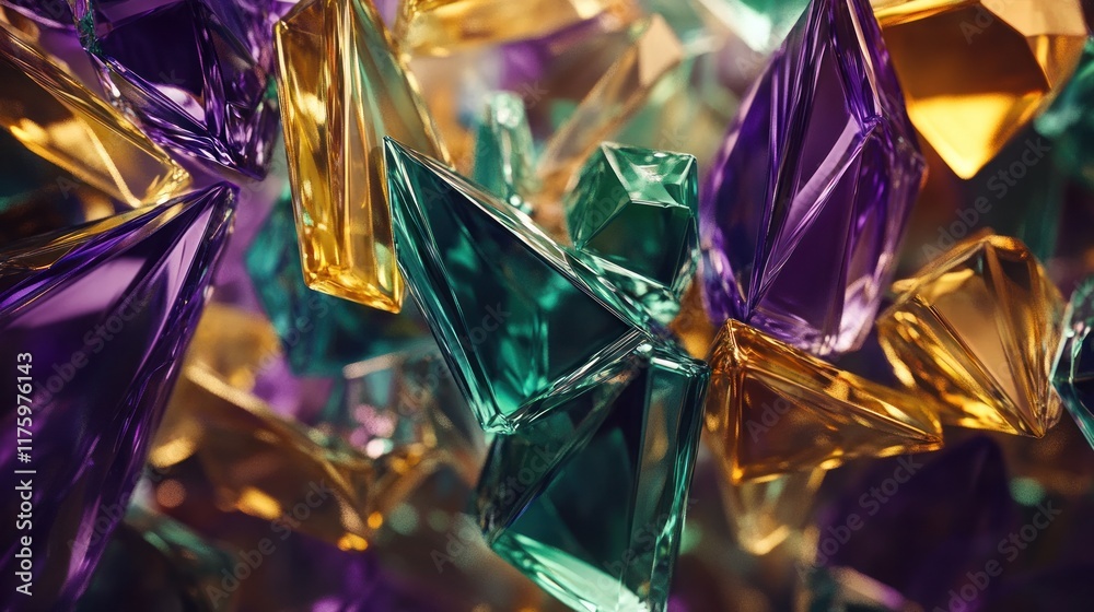 Abstract Composition of Colorful Geometric Crystals in Green, Purple, and Yellow Tones Capturing Light and Creating Dynamic Reflections Abstract Composition of Colorful Geometric Crystals in Green, Purple, and Yellow Tones Capturing Light and Creating Dynamic Reflections