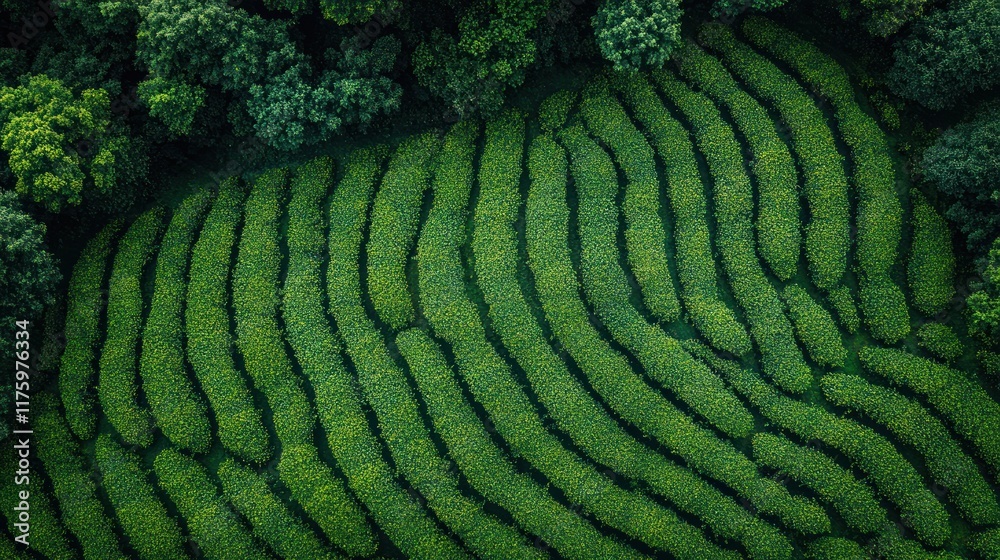 Fototapeta premium Aerial view of lush green tea terraces showcasing agricultural patterns.