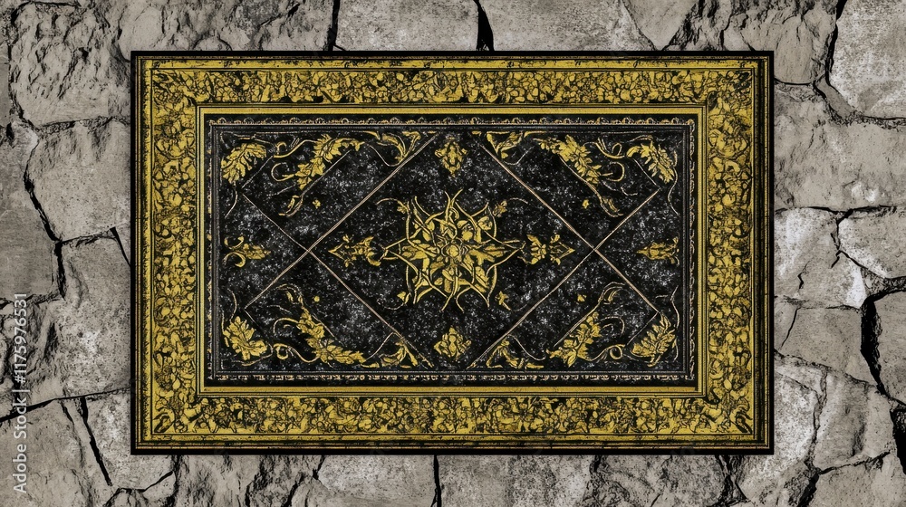 Opulent Black and Gold Decorative Rug with Intricate Vintage Design Opulent Black and Gold Decorative Rug with Intricate Vintage Design