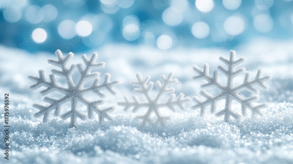 Three Sparkling Snowflakes in Winter Snow Three Sparkling Snowflakes in Winter Snow