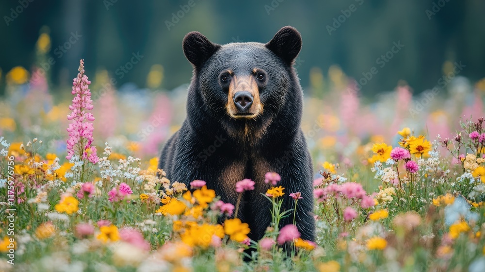 Fototapeta premium Black Bear Amidst Vibrant Wildflower Meadow