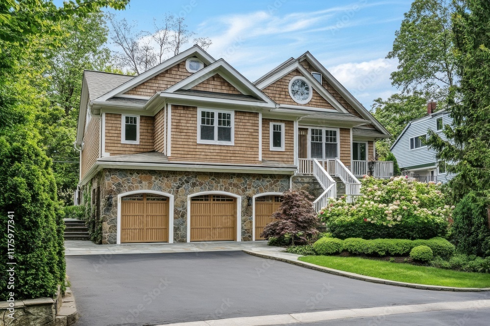 Elegant suburban home featuring stylish architecture, well-maintained landscaping, and a spacious driveway located in a peaceful neighborhood during daylight hours Elegant suburban home featuring stylish architecture, well-maintained landscaping, and a spacious driveway located in a peaceful neighborhood during daylight hours