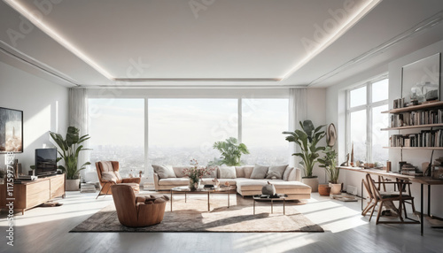 Modern living room with large windows and elegant decor overlooking the city skyline during daylight