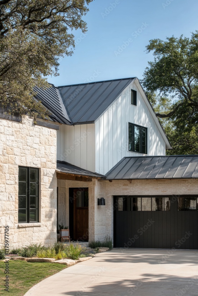 Charming modern farmhouse with a sleek design, featuring a mix of stone and wood elements, surrounded by greenery under a clear blue sky Charming modern farmhouse with a sleek design, featuring a mix of stone and wood elements, surrounded by greenery under a clear blue sky