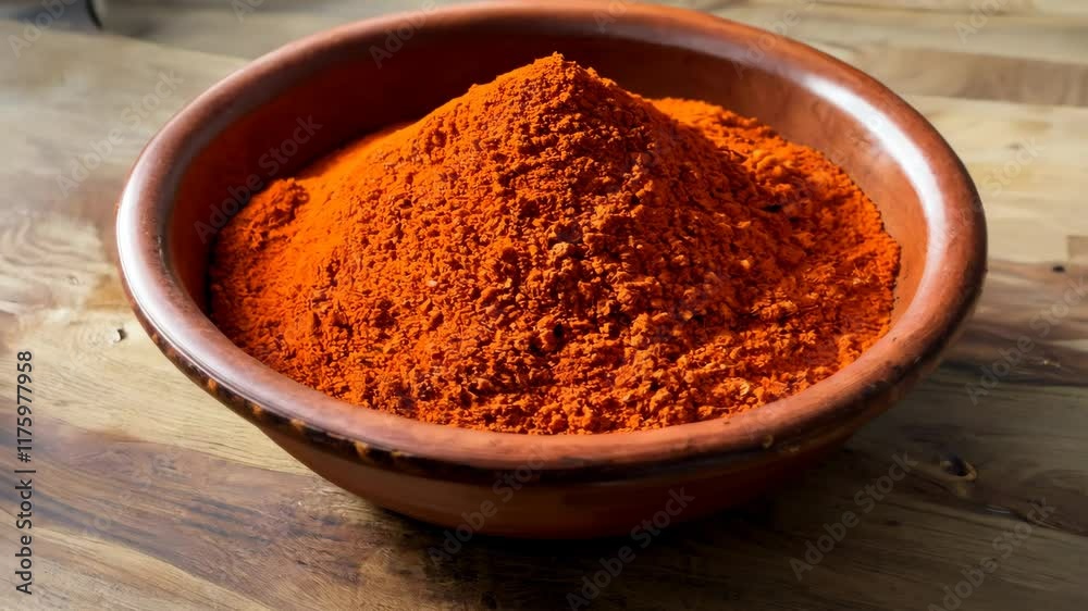 Bold red paprika powder in a rustic terracotta bowl softly illuminated by natural light, perfect for spice enthusiasts, culinary presentations, and rustic kitchen aesthetics Bold red paprika powder in a rustic terracotta bowl softly illuminated by natural light, perfect for spice enthusiasts, culinary presentations, and rustic kitchen aesthetics