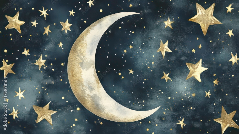 Obraz premium A whimsical illustration of a moon and stars, showcasing gold, silver, and white hues, perfect for dreamy and celestial themes