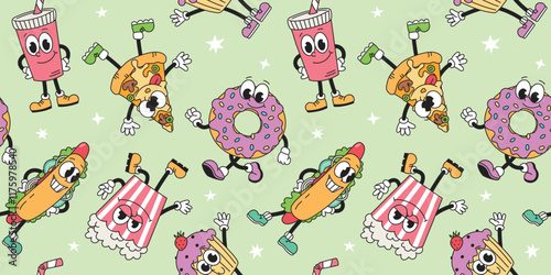 Seamless pattern groovy vintage characters hot dog, donut, dessert. Fast food. Vector illustration in retro style