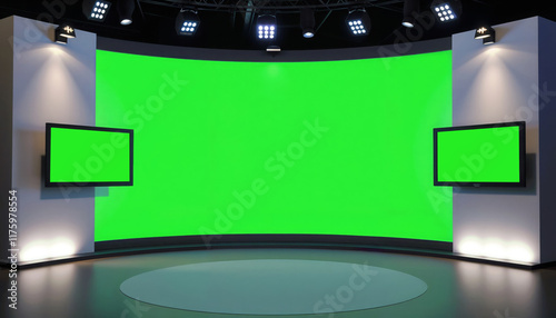 TV studio with green screen and professional lighting setup.Innovation and creativity in modern multimedia production.Broadcast visuals for film, video, or virtual event promotions.


