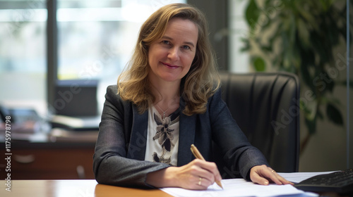 Woman writing at desk in an office environment. photo