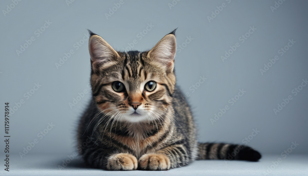 Obraz premium Cute tabby kitten with striking green eyes resting on a soft surface in a well-lit room