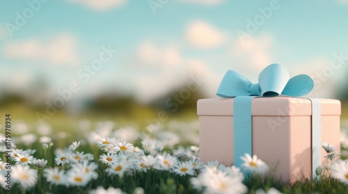 Gift box with blue ribbon placed on a field of daisies under a sunny sky, evoking joy and celebration, AI photo