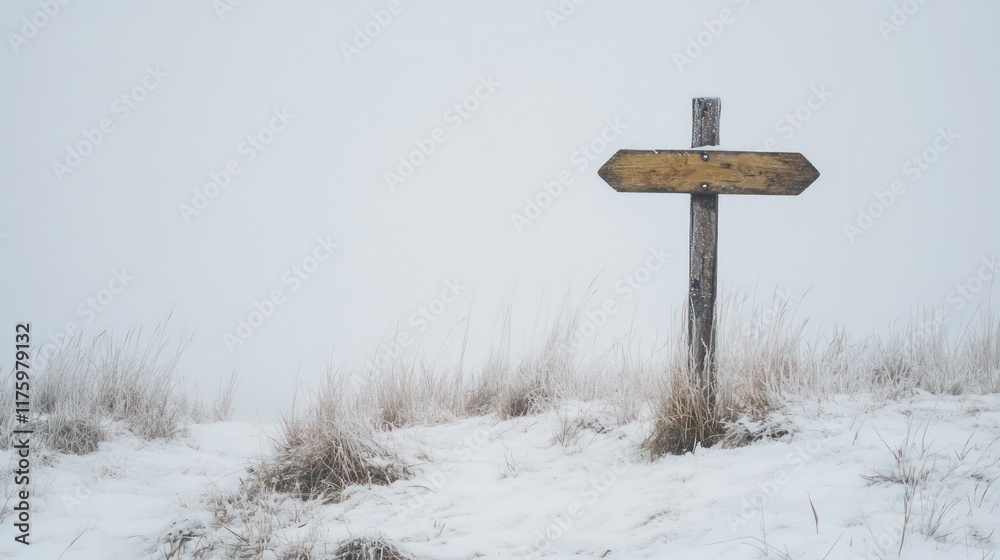 Naklejka premium A wooden signpost stands solitary on a snow-covered hill.