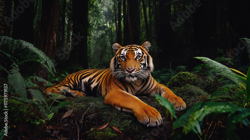 Majestic tiger resting in a lush tropical jungle setting.