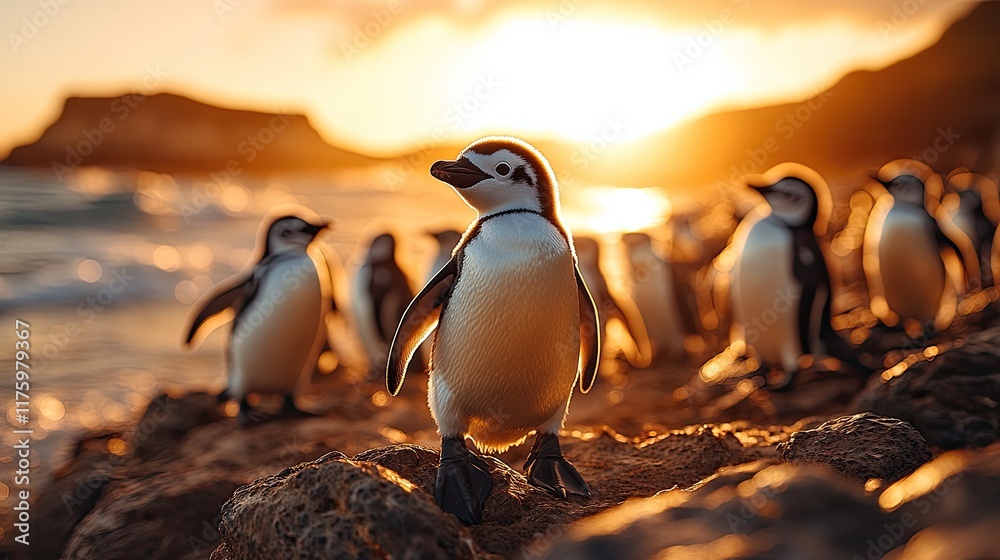 Obraz premium Penguin at Sunset Colony Beach Rocks