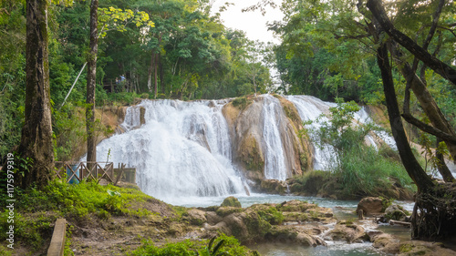 Landsape of Agua Azul with waterfalls in the Tropical forest of Palenque in Mexico.  