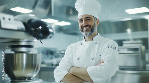 A happy chef, with a white apron and cap, stands proudly near a mixer, exuding positivity in a bright commercial kitchen. photo