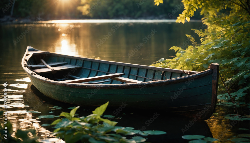 Fototapeta premium Sunlight reflecting on a serene lake with a wooden boat resting by the shore at twilight