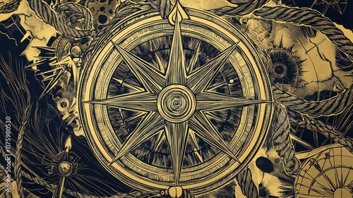 Intricate Golden Compass Graphic Art with Nautical Elements