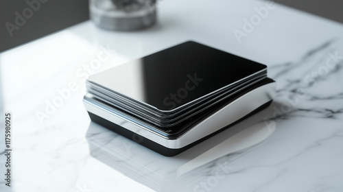 A compact POS terminal and a stack of metallic-hued credit cards positioned on a glossy white surface, ready for a transaction. photo