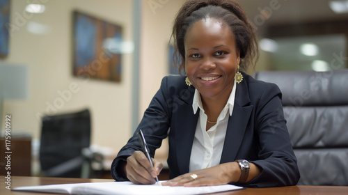 Woman writing at desk in an office environment. photo