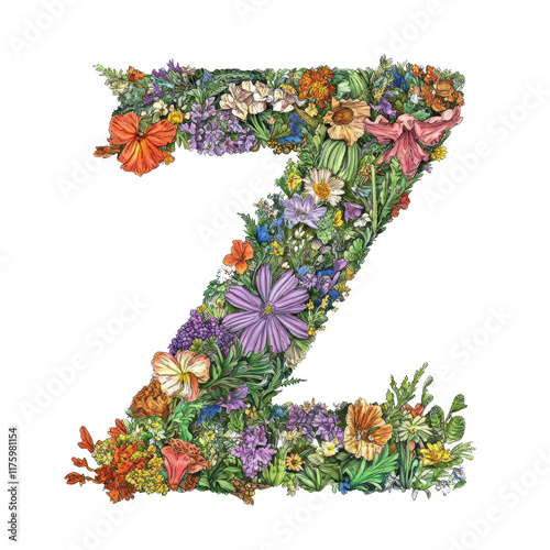 Artistic representation of the letter z created with a vibrant floral arrangement on a transparent background, consonant letter z is used to make words on transparent backgroundfile photo