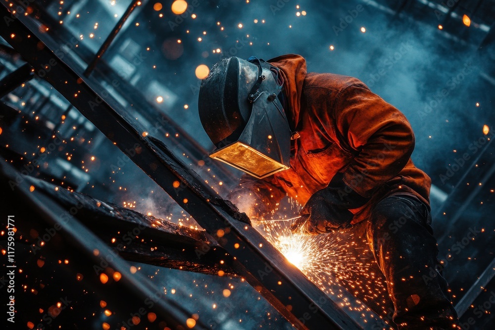 Welder working diligently on metal structure in dimly lit workshop during evening hours Welder working diligently on metal structure in dimly lit workshop during evening hours