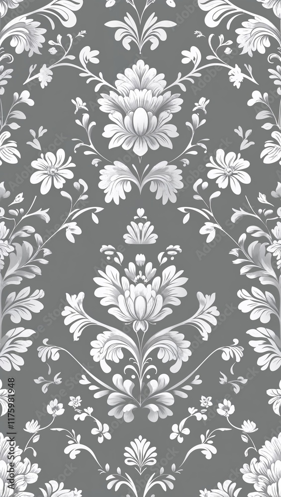 Ornate white floral designs on a soft graywhite pattern background for a clean elegant look Ornate white floral designs on a soft graywhite pattern background for a clean elegant look