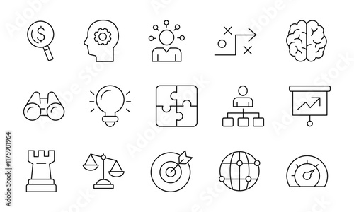 Business strategy icon set in line style. Strategy, planning, brainstorming, analysis, statistic minimal vector icons. Editable stroke.