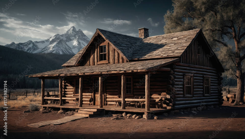 Rustic log cabin surrounded by mountains at dusk with soft shadows and serene landscape Rustic log cabin surrounded by mountains at dusk with soft shadows and serene landscape