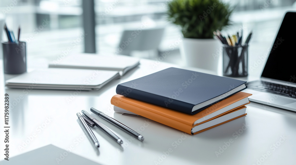Vibrant notebooks in various hues stacked on a modern white desk, with pens scattered beside an open laptop and a bright workspace background. Vibrant notebooks in various hues stacked on a modern white desk, with pens scattered beside an open laptop and a bright workspace background.