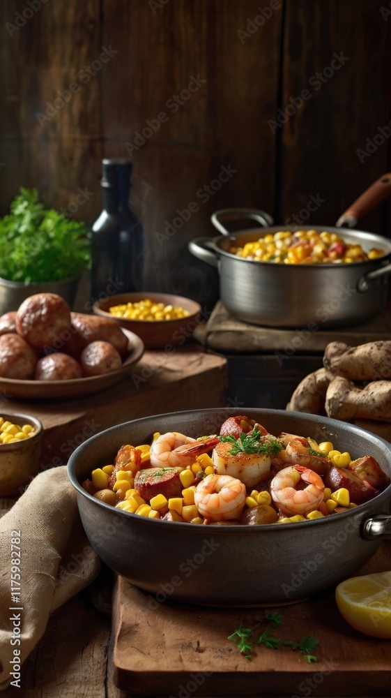 Southern Boiled Shrimp, Sausage, Potatoes, and Corn on Rustic Wooden Table Southern Boiled Shrimp, Sausage, Potatoes, and Corn on Rustic Wooden Table