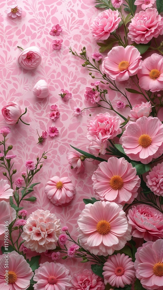 Soft pink floral arrangements gently scattered for a whimsical touch on a pink pattern background