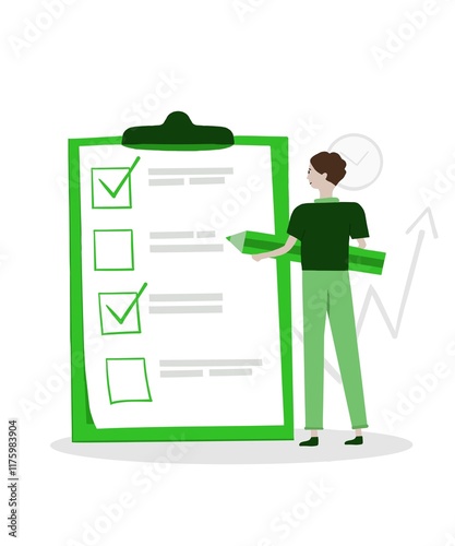 A man with a giant pencil pointing to a checklist